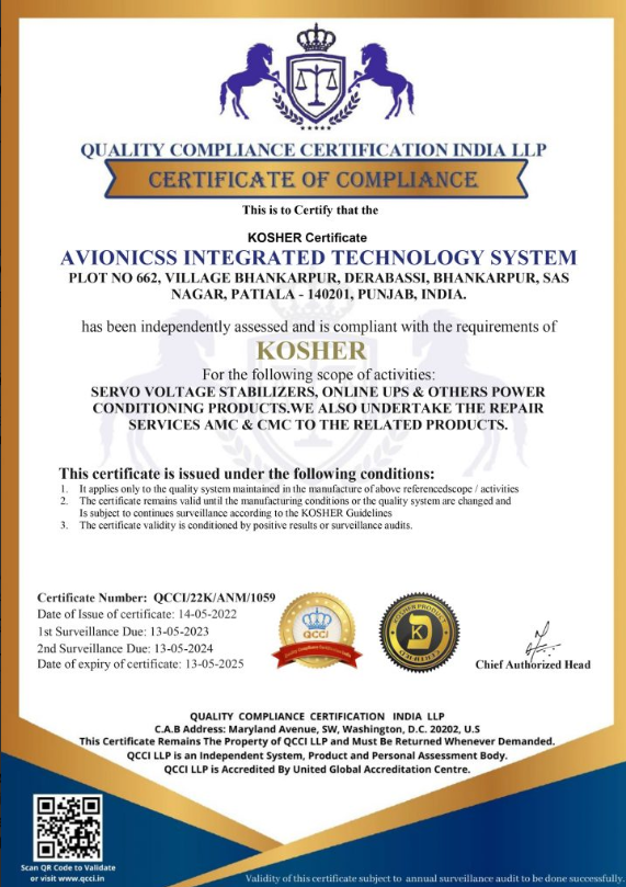 Kosher certificate of compliance